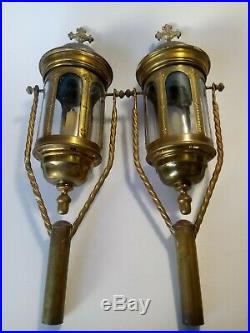 Pair of Antique Church Processional Religious Gothic Lanterns Glass Insert