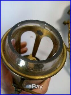 Pair of Antique Church Processional Religious Gothic Lanterns Glass Insert