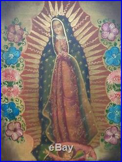 Peruvian Cusco Folk Art Painting Virgin Guadalupe in Antique Style Ornate Frame