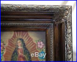 Peruvian Cusco Folk Art Painting Virgin Guadalupe in Antique Style Ornate Frame