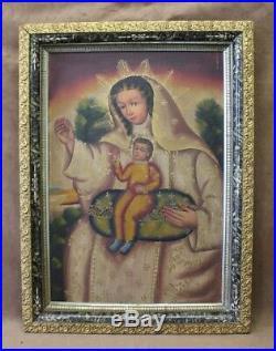Peruvian Cuzco Folk Art Religious Painting Madonna & Child Antique Frame