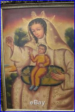 Peruvian Cuzco Folk Art Religious Painting Madonna & Child Antique Frame