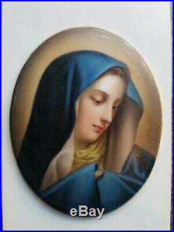 Porcelain Hand painted Religious convex plaque oval Ornate Brass Picture Mount