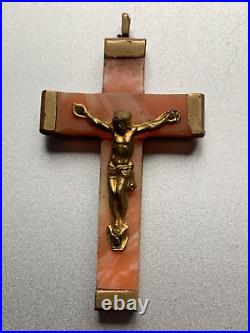 Precious French Antique Religious Cross Pendant LOURDES -Angel skin Coral 1 1/2