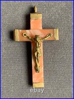 Precious French Antique Religious Cross Pendant LOURDES -Angel skin Coral 1 1/2