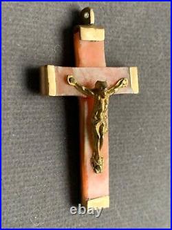 Precious French Antique Religious Cross Pendant LOURDES -Angel skin Coral 1 1/2