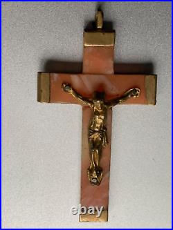 Precious French Antique Religious Cross Pendant LOURDES -Angel skin Coral 1 1/2