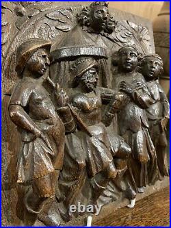 RARE AND SMALL 16th/17th CENYURY OAK DEEP CARVED PANEL RELIGIOUS SCENE