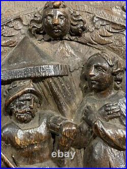 RARE AND SMALL 16th/17th CENYURY OAK DEEP CARVED PANEL RELIGIOUS SCENE