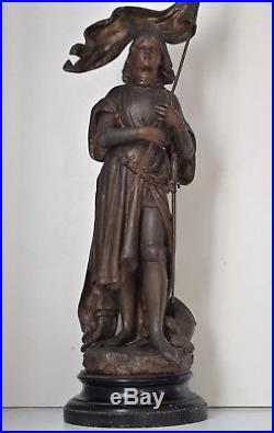 RARE ANTIQUE FRENCH TALL RELIGIOUS STATUE OF JOAN OF ARC, SIGNED, 26 inch