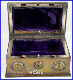 RARE Antique Brass Bronze Religious Reliquary Cross Casket Jewelry Box w Velvet