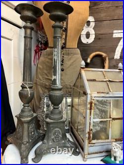 RARE Antique Bronze Baroque Church Altar Candlesticks Holders TRINITY RELIGIOUS