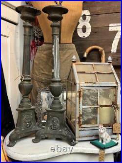 RARE Antique Bronze Baroque Church Altar Candlesticks Holders TRINITY RELIGIOUS