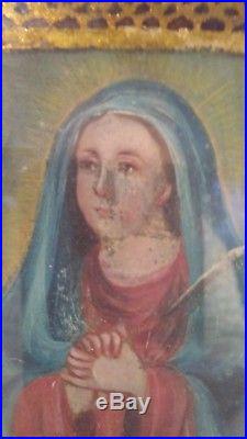 RARE Antique Reverse Painting On Glass Virgin Mother Ornate Gold Gilt Religious