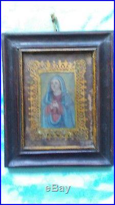 RARE Antique Reverse Painting On Glass Virgin Mother Ornate Gold Gilt Religious