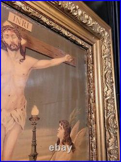 RARE LARGE Antique Lithograph Print & Frame Jesus Christ On Cross Gilt Ornate