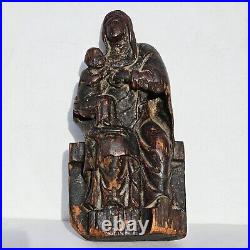 RARE Very Early Antique Religious Carved Wood Madonna w Child Statue Polychrome