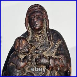RARE Very Early Antique Religious Carved Wood Madonna w Child Statue Polychrome