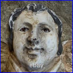 RARE Vintage Carved Wood Religious Antique Finished Cherub with Glass Eyes