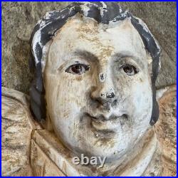 RARE Vintage Carved Wood Religious Antique Finished Cherub with Glass Eyes