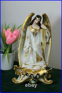 RARE antique Vieux paris porcelain holy water font angel figurine religious