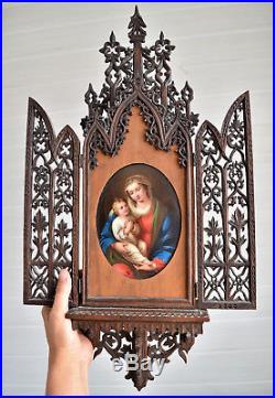 RARE antique carved wood triptych black Forest, religious painting on porcelain