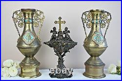 RARE antique religious Holy water font Vases set Putti Devil Dragons set church