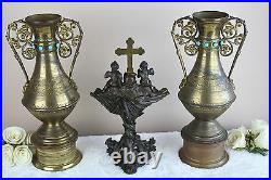 RARE antique religious Holy water font Vases set Putti Devil Dragons set church
