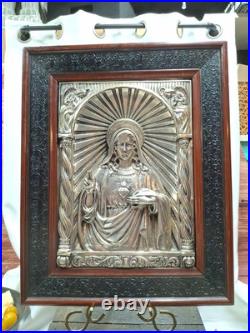 RARE antique religious wall icon JESUS hand MOVES Registrado silver 3D Art SPAIN RARE antique religious wall icon JESUS hand MOVES Registrado silver 3D Art SPAIN