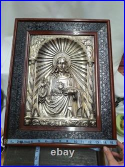 RARE antique religious wall icon JESUS hand MOVES Registrado silver 3D Art SPAIN RARE antique religious wall icon JESUS hand MOVES Registrado silver 3D Art SPAIN