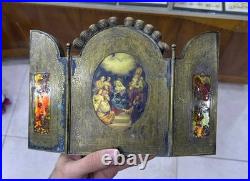 Rare Antique 1909 Brass Triptych Icon Church of Holy Land Sepulchre Jerusalem