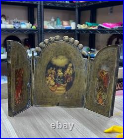 Rare Antique 1909 Brass Triptych Icon Church of Holy Land Sepulchre Jerusalem
