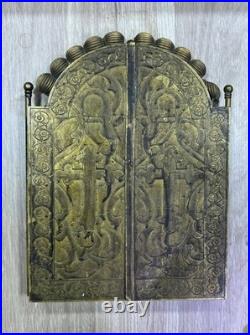 Rare Antique 1909 Brass Triptych Icon Church of Holy Land Sepulchre Jerusalem