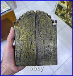 Rare Antique 1909 Brass Triptych Icon Church of Holy Land Sepulchre Jerusalem