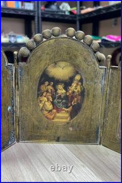 Rare Antique 1909 Brass Triptych Icon Church of Holy Land Sepulchre Jerusalem
