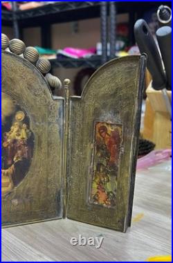 Rare Antique 1909 Brass Triptych Icon Church of Holy Land Sepulchre Jerusalem
