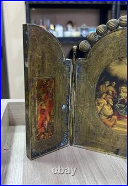Rare Antique 1909 Brass Triptych Icon Church of Holy Land Sepulchre Jerusalem