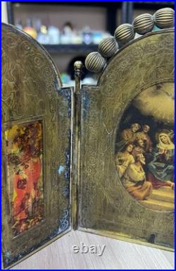 Rare Antique 1909 Brass Triptych Icon Church of Holy Land Sepulchre Jerusalem
