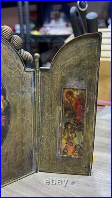 Rare Antique 1909 Brass Triptych Icon Church of Holy Land Sepulchre Jerusalem