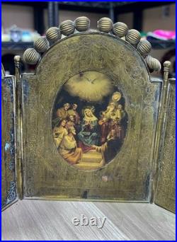 Rare Antique 1909 Brass Triptych Icon Church of Holy Land Sepulchre Jerusalem