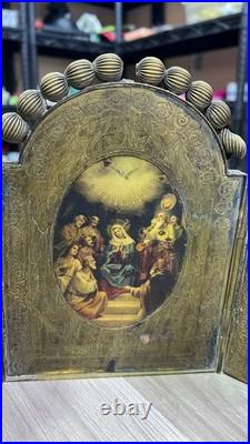 Rare Antique 1909 Brass Triptych Icon Church of Holy Land Sepulchre Jerusalem
