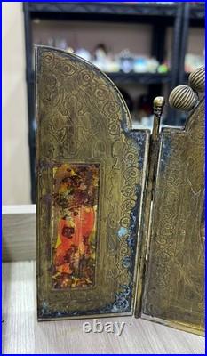 Rare Antique 1909 Brass Triptych Icon Church of Holy Land Sepulchre Jerusalem