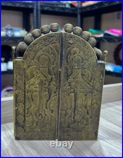 Rare Antique 1909 Brass Triptych Icon Church of Holy Land Sepulchre Jerusalem