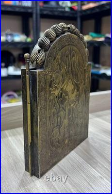 Rare Antique 1909 Brass Triptych Icon Church of Holy Land Sepulchre Jerusalem