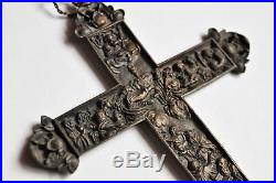 Rare Antique Bronze Crucifix, religious cross The Last Judgment Bas Relief