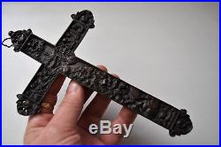 Rare Antique Bronze Crucifix, religious cross The Last Judgment Bas Relief