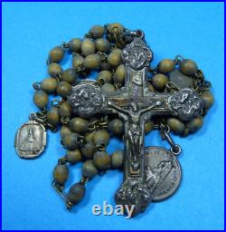 Rare Antique? Christ Metal & Seed Wood Rosary Religious Necklace Pendant Medals