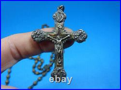 Rare Antique? Christ Metal & Seed Wood Rosary Religious Necklace Pendant Medals