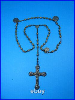 Rare Antique? Christ Metal & Seed Wood Rosary Religious Necklace Pendant Medals