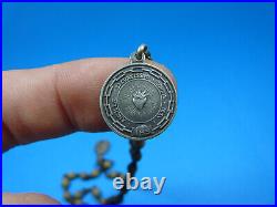 Rare Antique? Christ Metal & Seed Wood Rosary Religious Necklace Pendant Medals